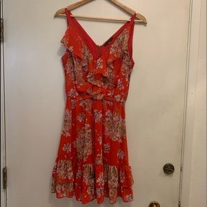 Anthropologie Bright Red Floral Dress w/ Ruffle
